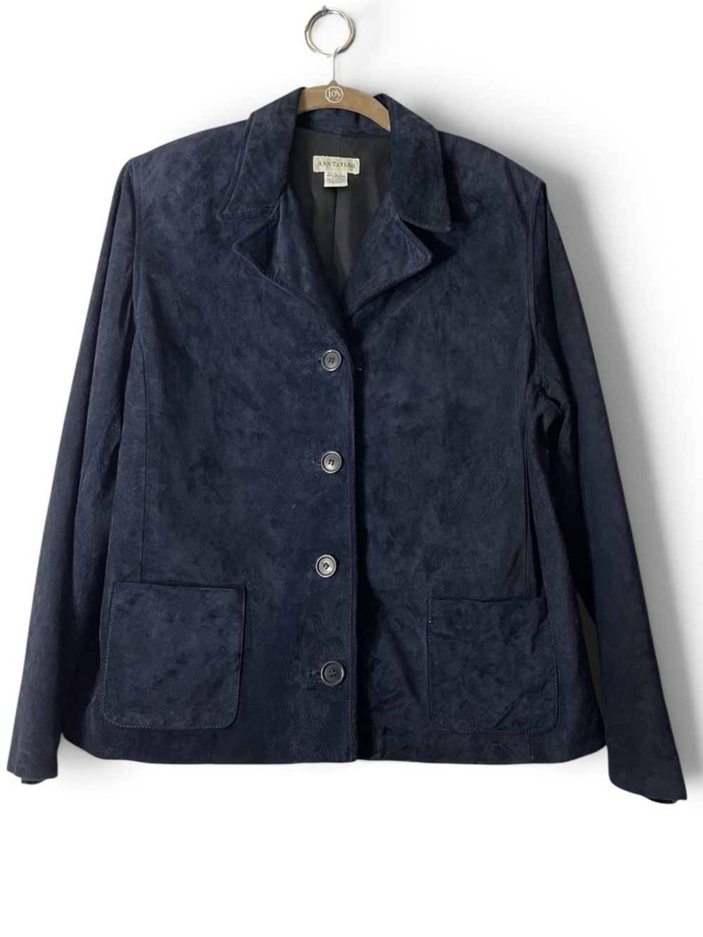 Ann Taylor VTG 90s Navy Suede Leather single Breast Blazer Jacket L